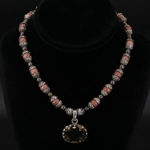 Vintage 925 Sterling Silver Smokey Quartz Rhodonite Bead Pendant 15.5" Necklace